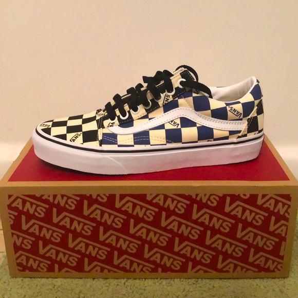 blue black and white checkered vans